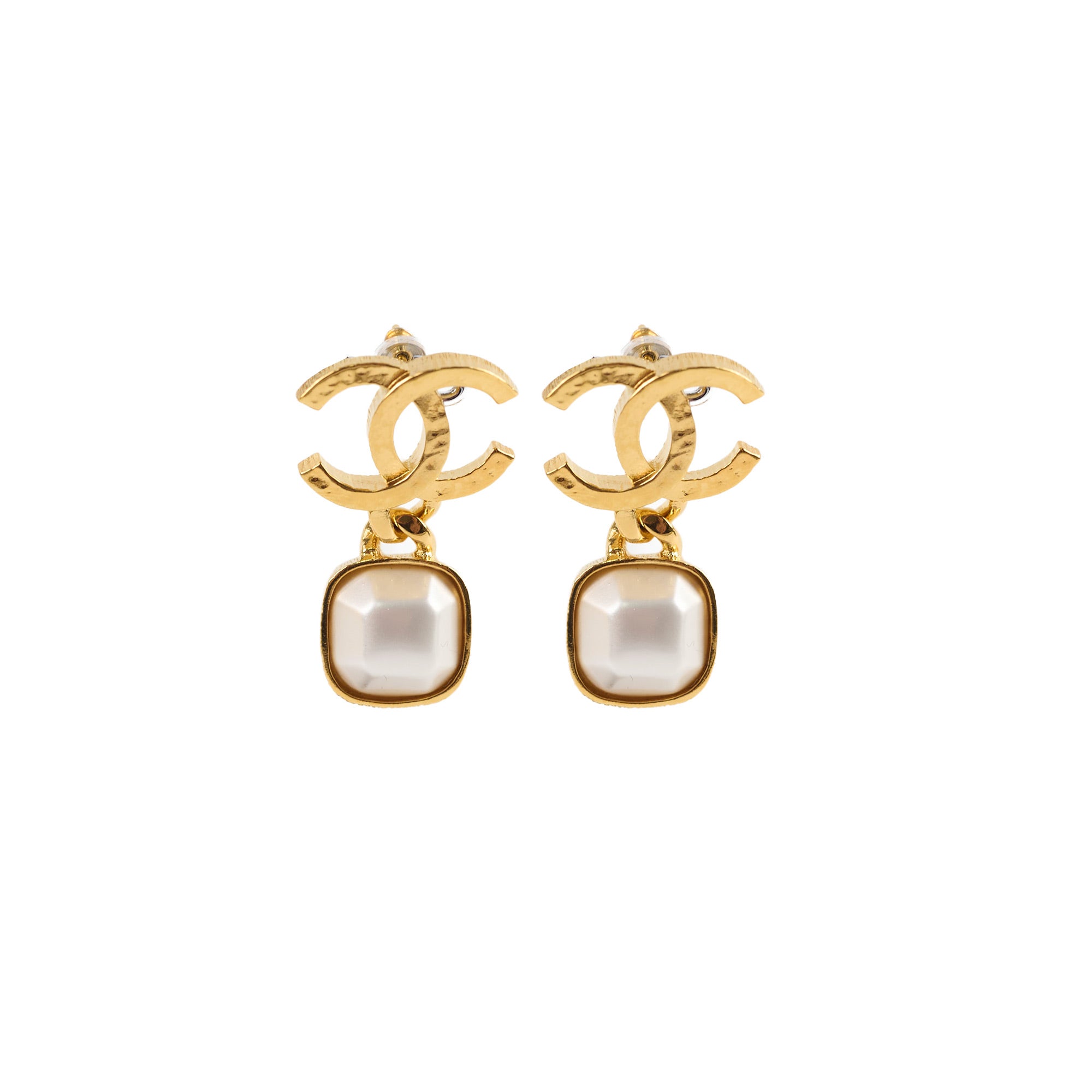 Chanel Gold CC Square Pearl Drop Earrings Costume Jewellery – THE
