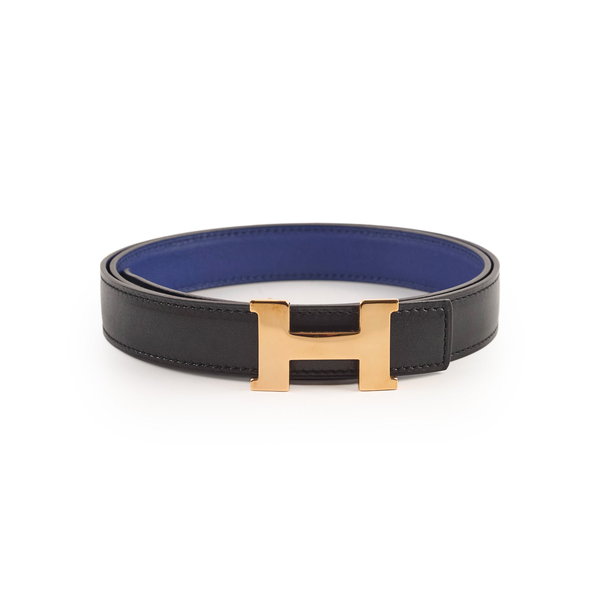 Hermes Constance Mini Belt Rose Gold Noir/Bleu Saphir Size 90