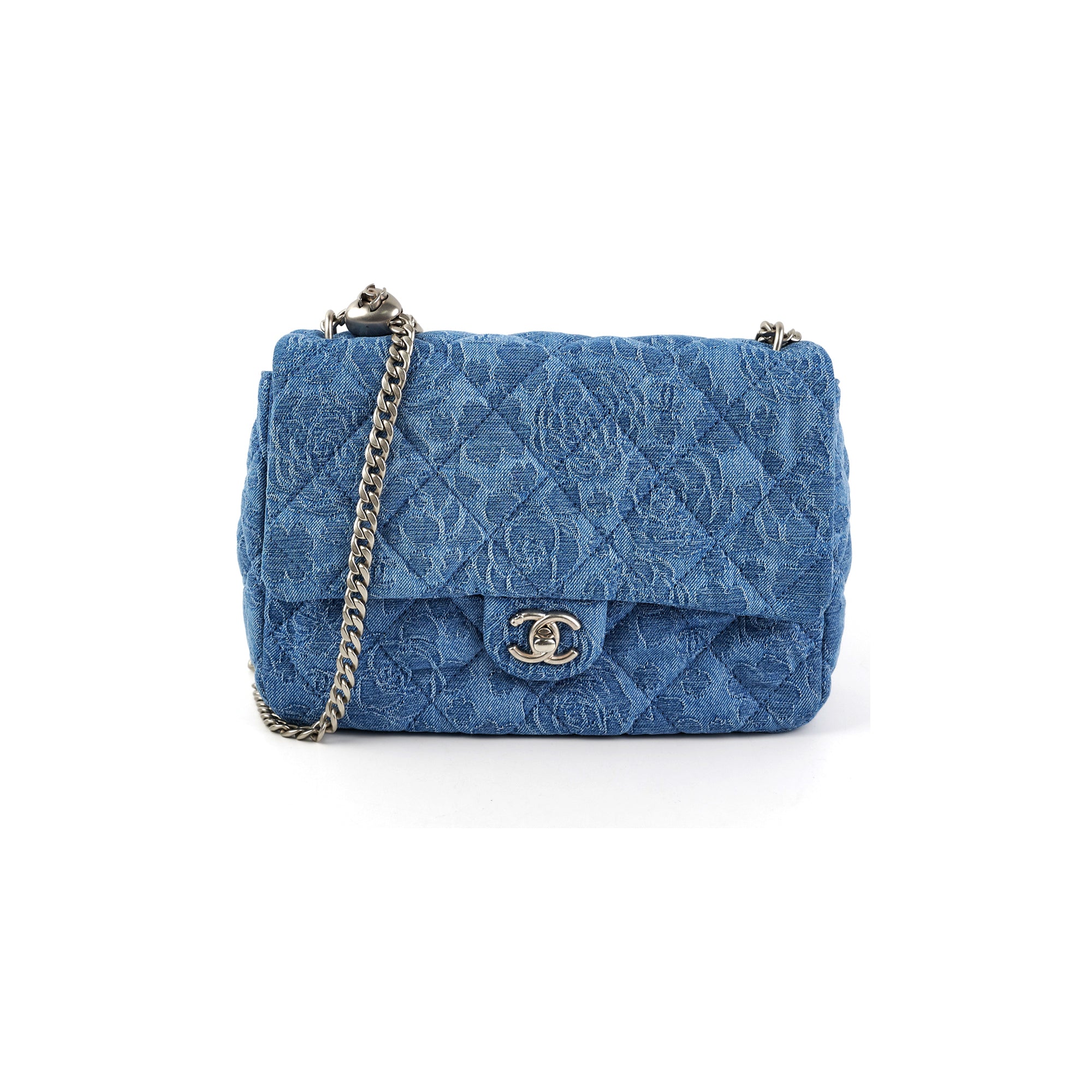 ITEM 25 Chanel Denim Quilted Camelia Small Medium Flap