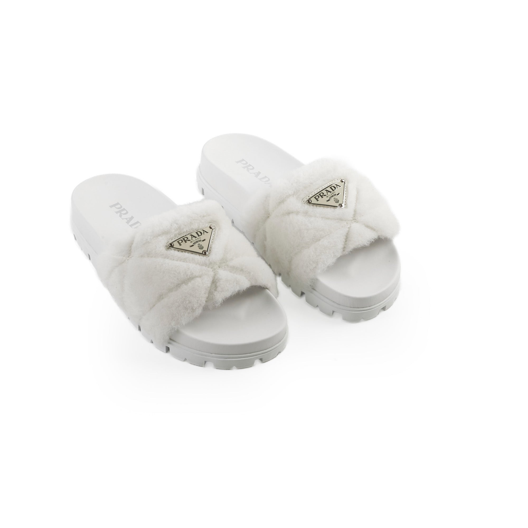 Slide Sandals Furry White Slides Prada Fur Slides White – THE