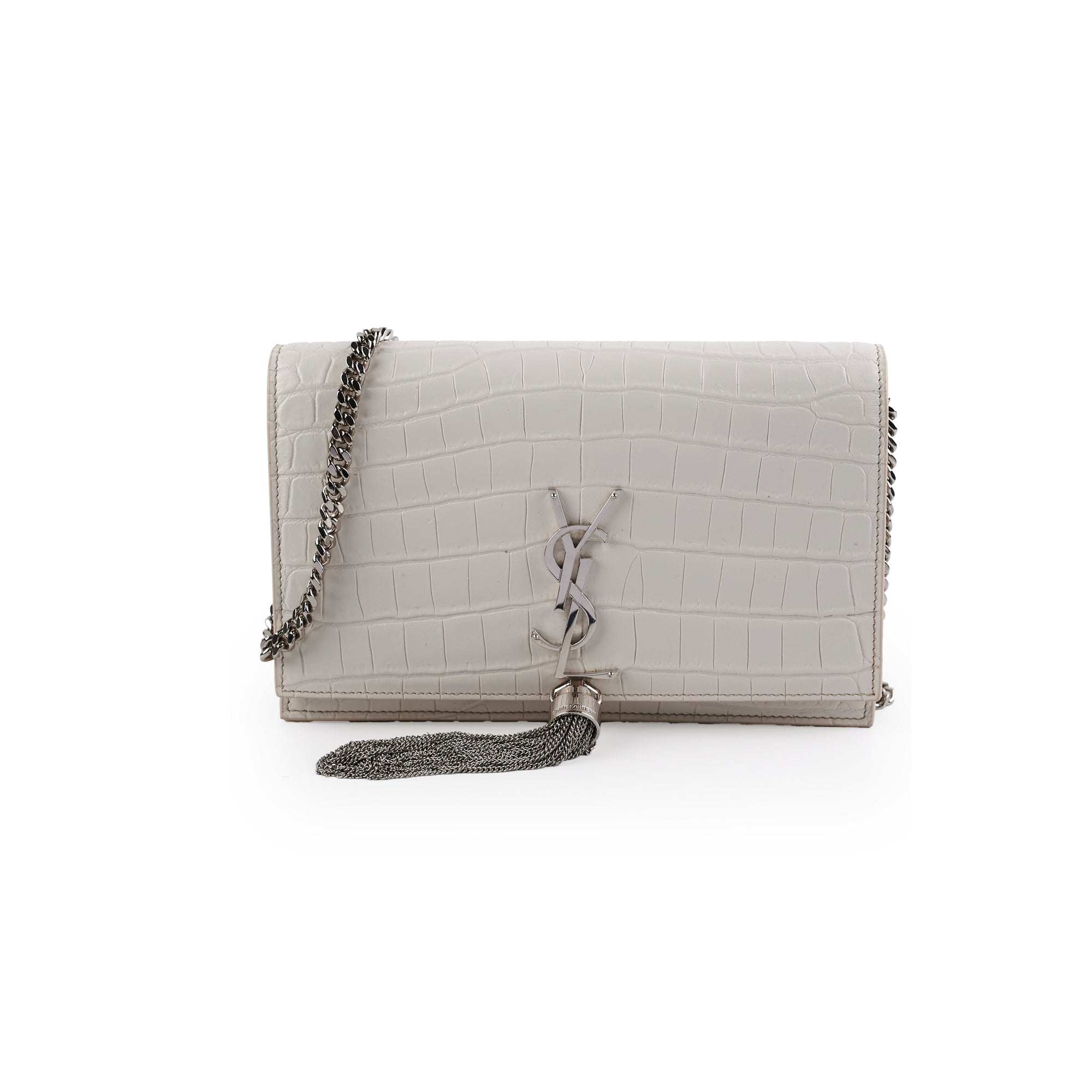 Saint Laurent Small Kate Tassel White Croc Wallet on Chain – THE