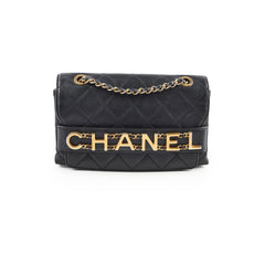 Chanel Logo Enchained Quilted Calfskin Medium Black Flap Bag Chanel Logo Enchained Quilted Calfskin Medium Black Flap Bag