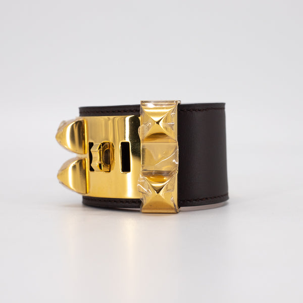 Hermes Cuff Collier De Chien Snakeskin Gold Plated Brown in
