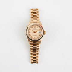 Rolex Lady Datejust 18K Gold Roman Numerals Champagne Dial 26mm President Strap