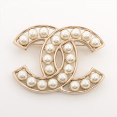 Chanel Coco Logo Pearl Light Gold Brooch Costume Jewellery