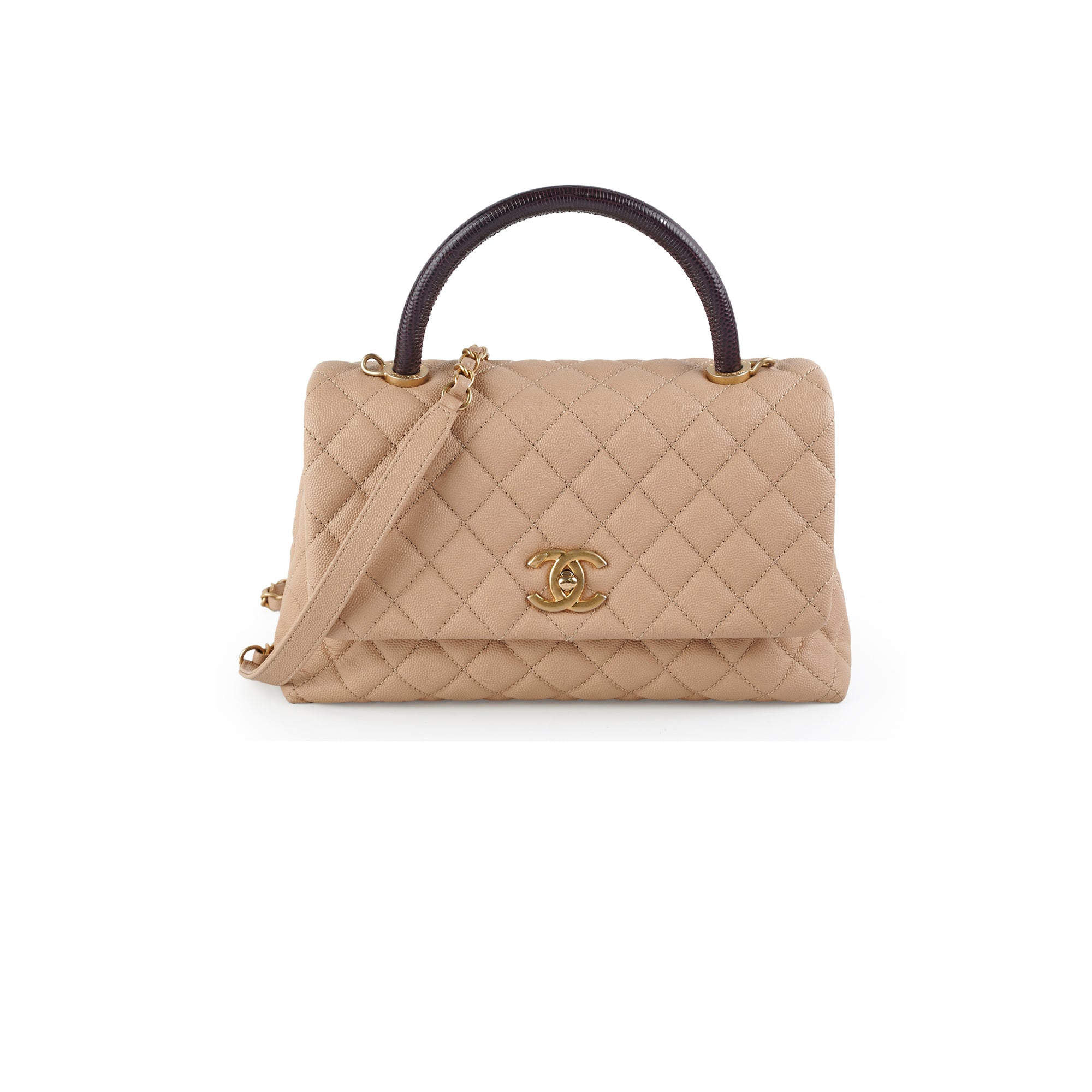 Coco Mid Rib With Handle Chanel Medium Caviar Coco Handle Beige (Lizard embossed top handle)