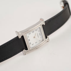 Hermes H Heure Watch Small Model, 25mm, Diamond Black Leather MOP Face