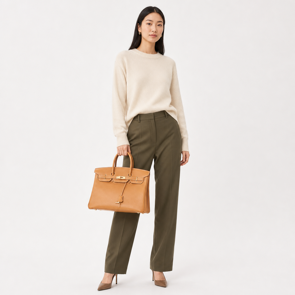 Hermes Birkin 35 Natural Sable Square F Stamp - AI model shot (asian)