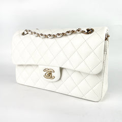 Chanel Small Classic Double Flap White Caviar Mircochip