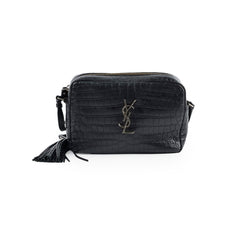 Saint Laurent Croc Embossed Camera Bag Black