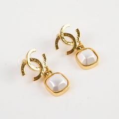 Chanel Gold CC Square Pearl Drop Earrings Costume Jewellery