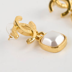 Chanel Gold CC Square Pearl Drop Earrings Costume Jewellery