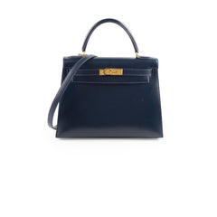 Hermes Kelly 28 Blue Indigo Box Circle X Stamp