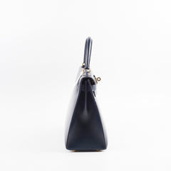 Hermes Kelly 28 Blue Indigo Box Circle X Stamp