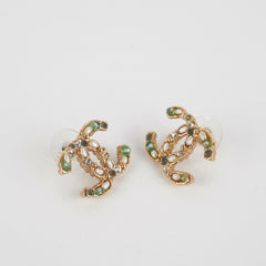Chanel Coco Logo Green Pearl Rhinestone Earrings Costume Jewellery