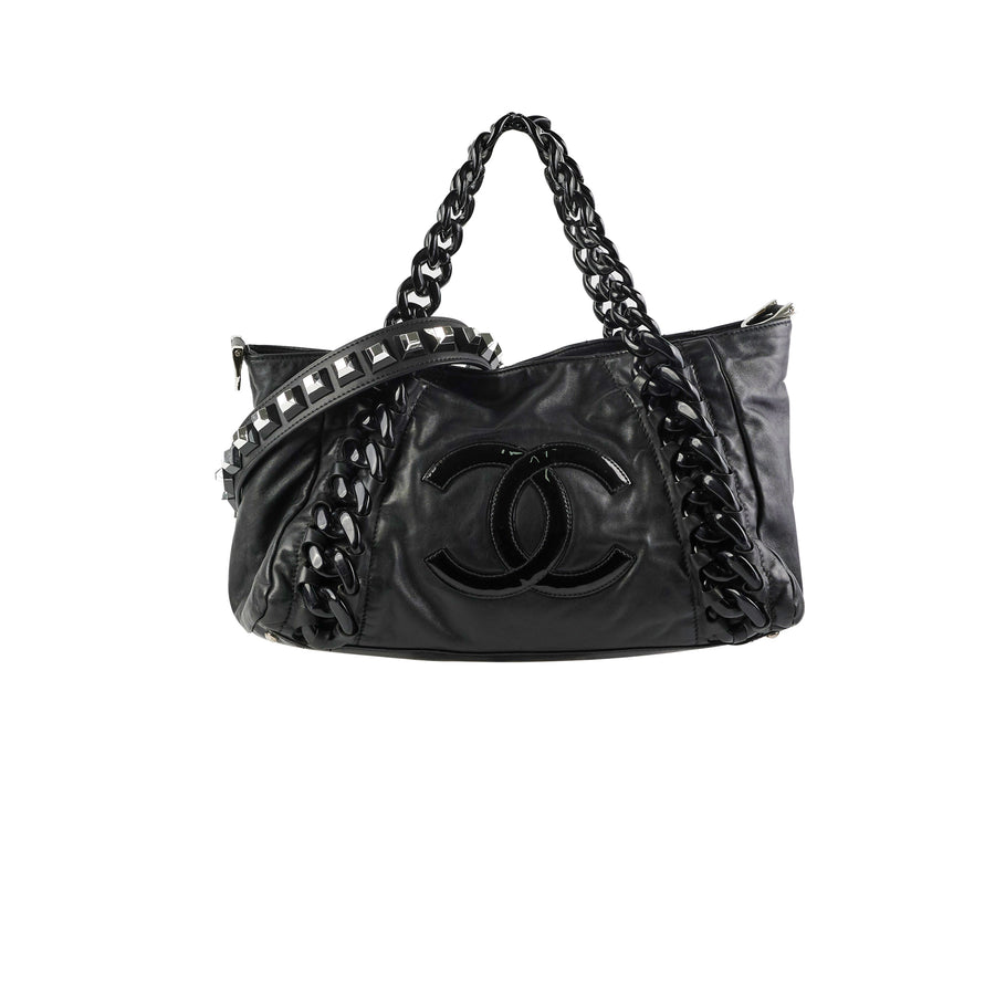 Chanel Black Leather Modern Chain Rhodoid East West Tote Chanel