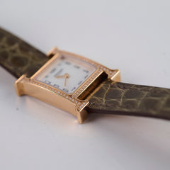 Hermes Heure H 21mm Mini Model Watch Rose Gold with Diamonds (Alligator Strap - Gris Elephant Grey)