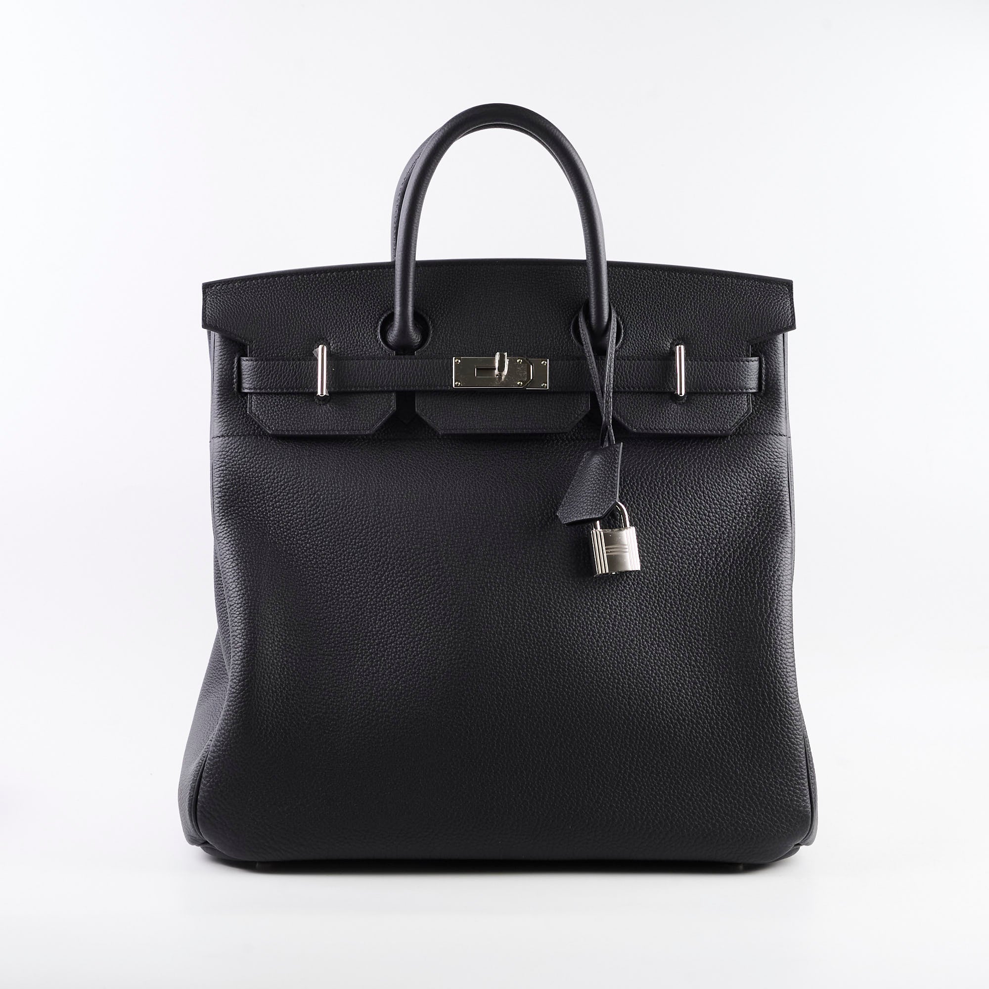 Black leather handbag with silver hardware