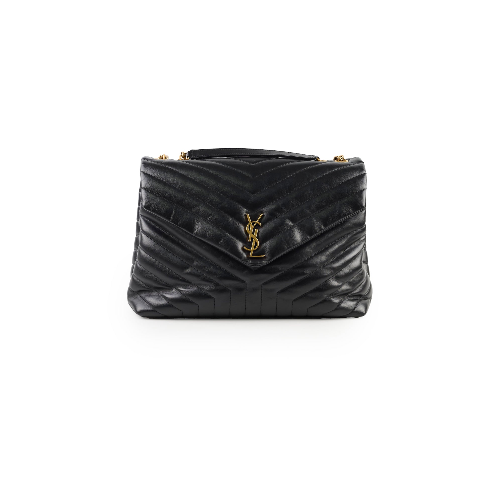 Black quilted handbag with a brand 