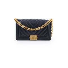 Chanel Old Medium Boy Bag Black Chevron Smooth Calfskin Gold HW