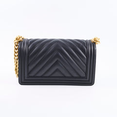 Chanel Old Medium Boy Bag Black Chevron Smooth Calfskin Gold HW