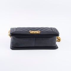 Chanel Old Medium Boy Bag Black Chevron Smooth Calfskin Gold HW