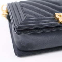 Chanel Old Medium Boy Bag Black Chevron Smooth Calfskin Gold HW