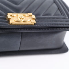 Chanel Old Medium Boy Bag Black Chevron Smooth Calfskin Gold HW