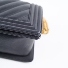 Chanel Old Medium Boy Bag Black Chevron Smooth Calfskin Gold HW