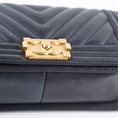Chanel Old Medium Boy Bag Black Chevron Smooth Calfskin Gold HW