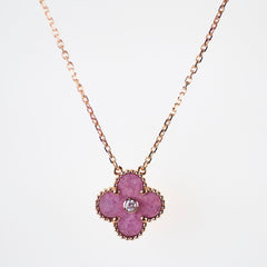 Van Cleef & Arpels Alhambra Pink Rhodonite Diamond Necklace Holiday Pendant 2021