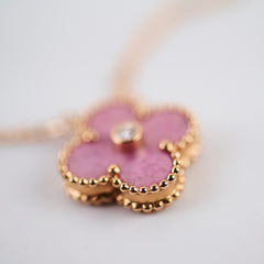 Van Cleef & Arpels Alhambra Pink Rhodonite Diamond Necklace Holiday Pendant 2021