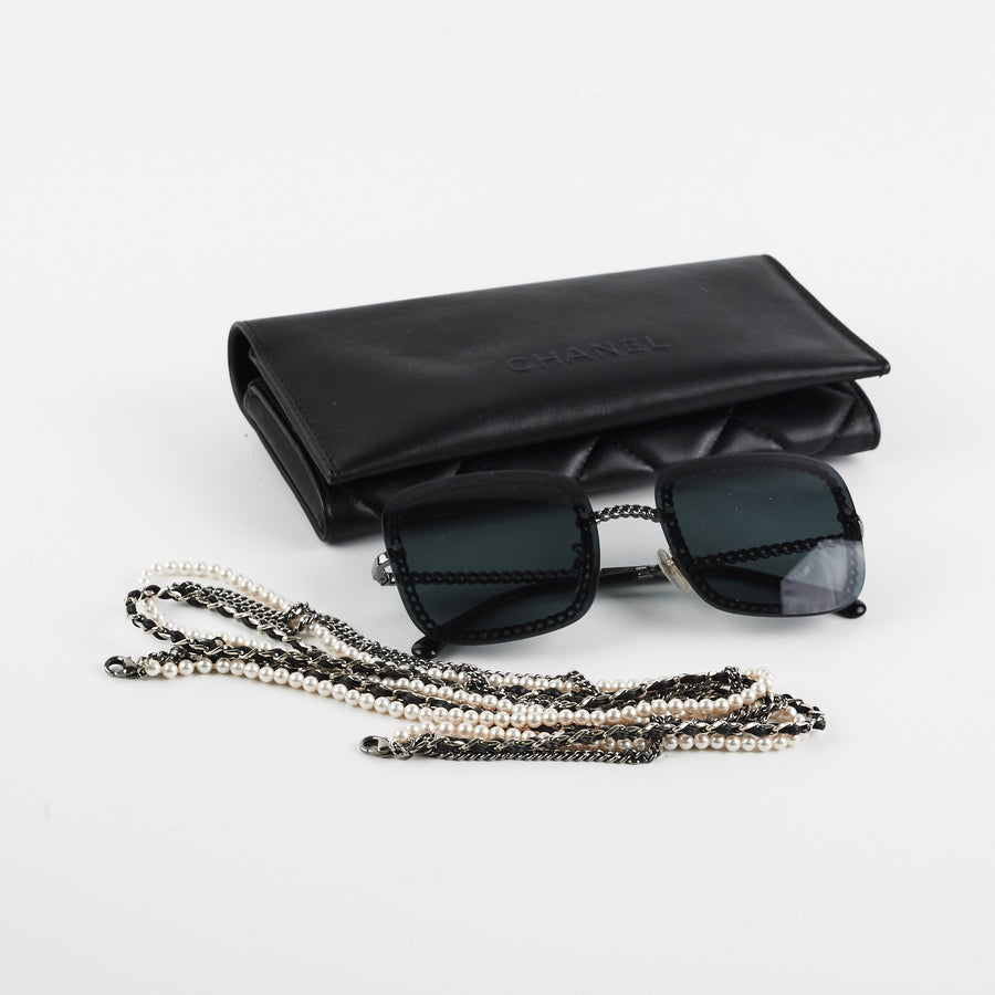 Chanel Square Sunglasses Grey/Gunmetal Black With Chain – THE