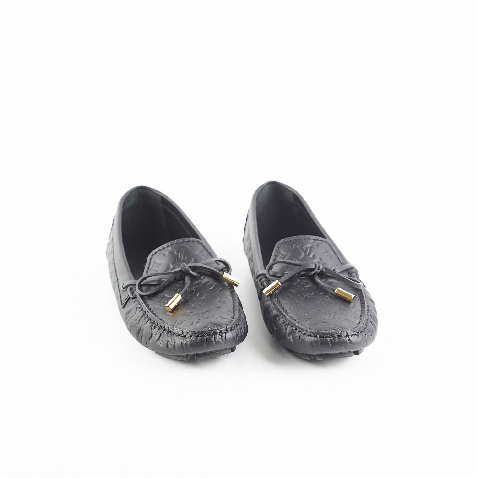 Louis Vuitton Black Monogram Embossed Leather Gloria Flat Loafers Size  8/38.5 - Yoogi's Closet