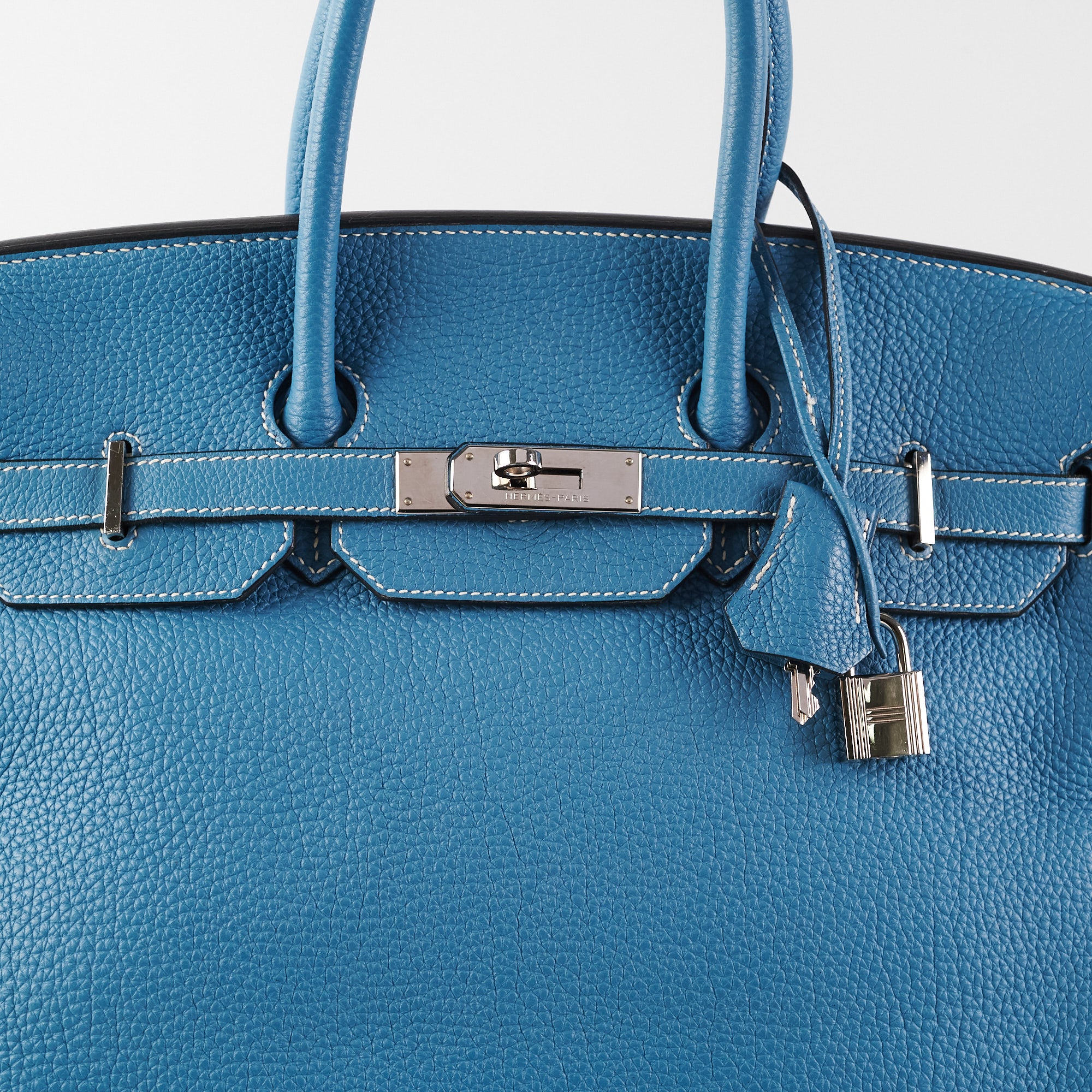 hermes birkin 35cm (stamp n square) blue jeans togo leather silver  hardware, with keys, dust cover & twilly pink & blue, no lock