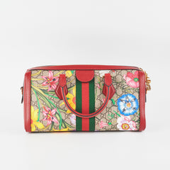 Gucci Red/Beige GG Supreme Flora Medium Ophidia Boston Bag