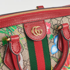 Gucci Red/Beige GG Supreme Flora Medium Ophidia Boston Bag