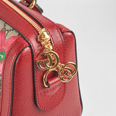 Gucci Red/Beige GG Supreme Flora Medium Ophidia Boston Bag