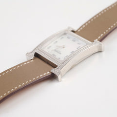 Hermes H Heure MM Mother Of Pearl Watch with 2 straps Etoupe and Blue Electric