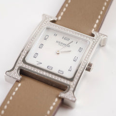 Hermes H Heure MM Mother Of Pearl Watch with 2 straps Etoupe and Blue Electric