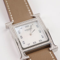 Hermes H Heure MM Mother Of Pearl Watch with 2 straps Etoupe and Blue Electric