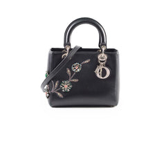 Christian  Dior Medium  Calfskin Embroidered Crystal Lady Dior Bag Black