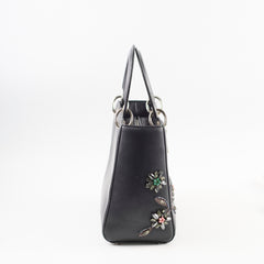 Christian  Dior Medium  Calfskin Embroidered Crystal Lady Dior Bag Black