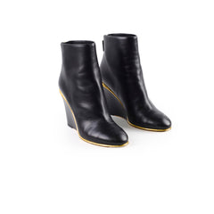 Chanel Lambskin Cap Toe Wedge Boots with Gold Trim Black