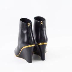 Chanel Lambskin Cap Toe Wedge Boots with Gold Trim Black