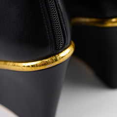 Chanel Lambskin Cap Toe Wedge Boots with Gold Trim Black