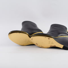 Chanel Lambskin Cap Toe Wedge Boots with Gold Trim Black