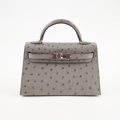 Hermes Mini Kelly Ostrich Gris Meyer B Stamp