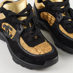 Chanel Suede/Leather Low Top Sneakers Black/Gold Size 34.5
