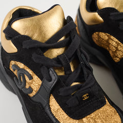 Chanel Suede/Leather Low Top Sneakers Black/Gold Size 34.5